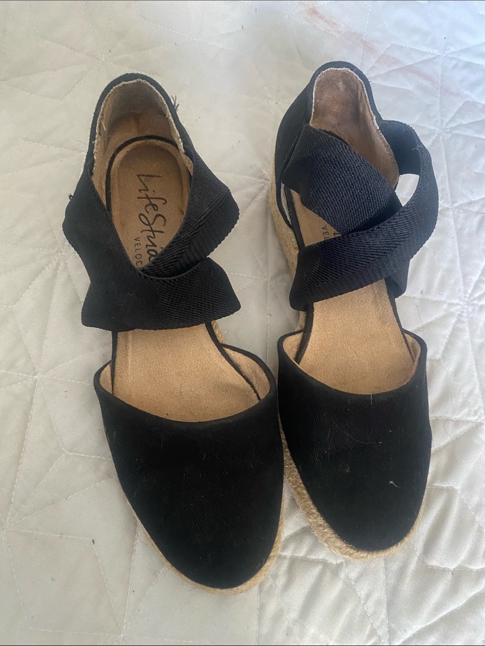 Life Stride Black Crisscross Espadrille Wedge Sandals